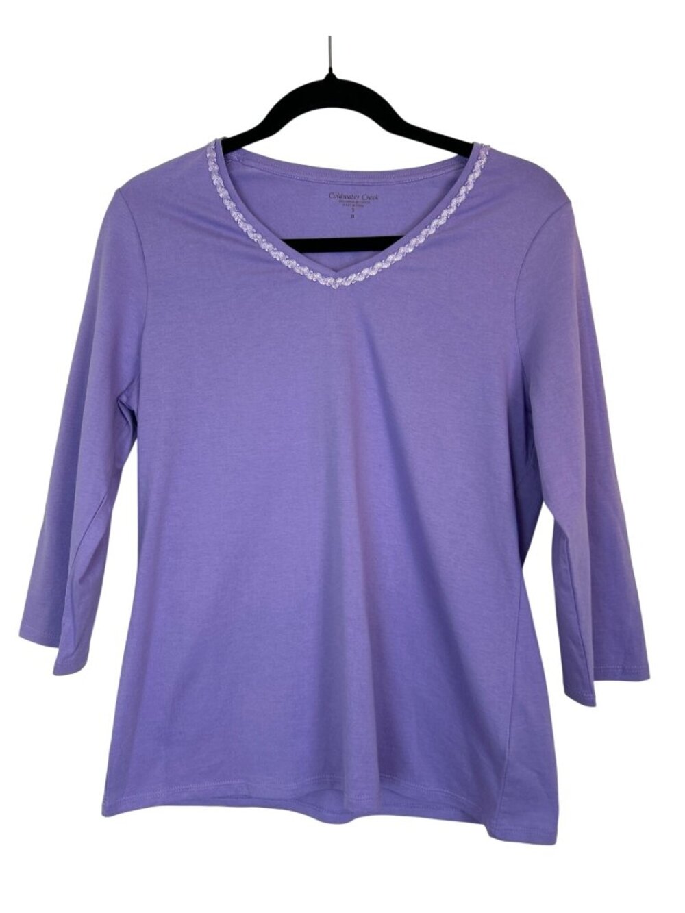 Coldwater Creek Top Sz S Purple 3/4 Sleeve Embroidered V Neck Cotton Office